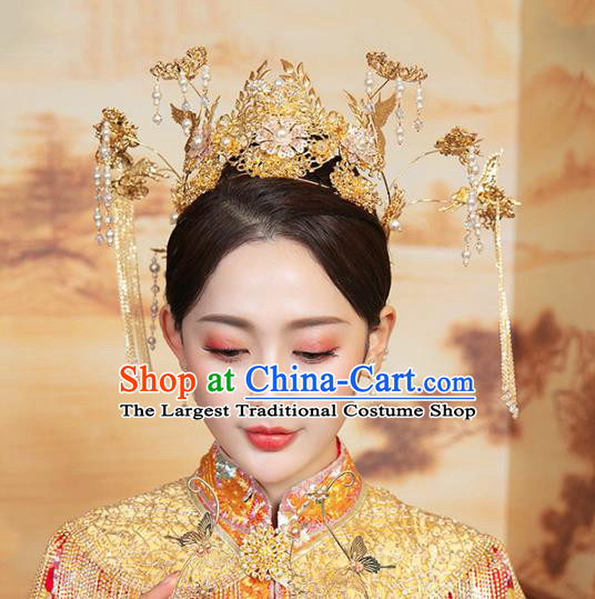 Chinese Traditional Wedding Pearls Tassel Golden Phoenix Coronet Hair Accessories for Women