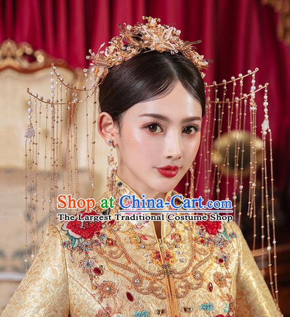 Chinese Traditional Wedding Golden Tassel Phoenix Coronet Hair Accessories for Women