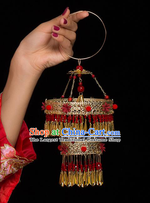 Chinese Ancient Wedding Golden Portable Lantern Accessories Traditional Bride Prop for Women