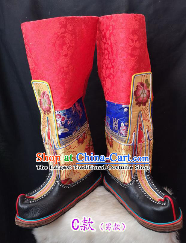 Handmade Chinese Zang Nationality Leather Boots Traditional Tibetan Ethnic Shoes for Men