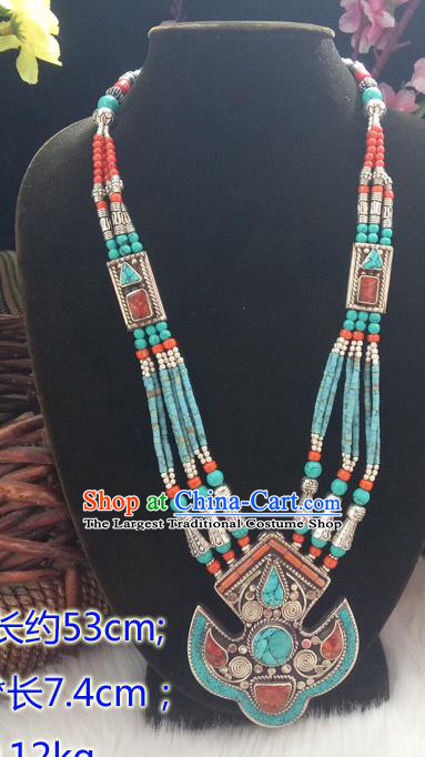 Chinese Zang Nationality Copper Green Beads Necklace Handmade Traditional Tibetan Ethnic Jewelry Accessories for Women