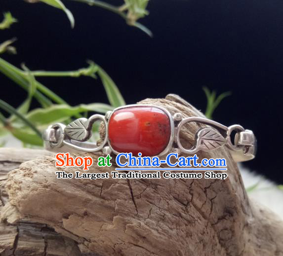 Chinese Zang Nationality 925 Silver Red Coral Bracelet Handmade Traditional Tibetan Ethnic Jewelry Accessories for Women