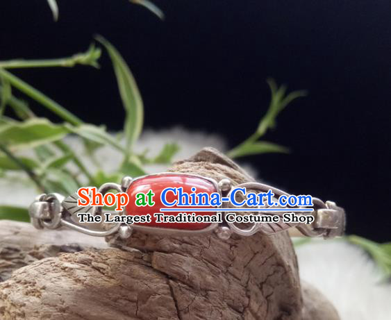 Chinese Zang Nationality Coral Carving Silver Leaf Bracelet Handmade Traditional Tibetan Ethnic Jewelry Accessories for Women