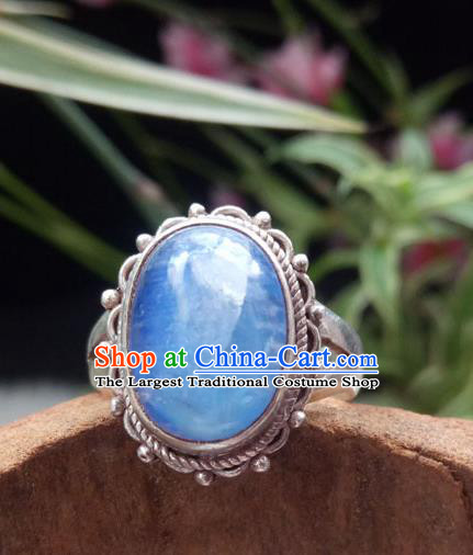 Chinese Zang Nationality Blue Moonstone Rings Handmade Traditional Tibetan Ethnic Jewelry Accessories for Women