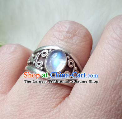 Chinese Zang Nationality Silver Moonstone Rings Handmade Traditional Tibetan Ethnic Jewelry Accessories for Women