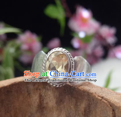 Chinese Zang Nationality Silver Citrine Rings Handmade Traditional Tibetan Ethnic Jewelry Accessories for Women