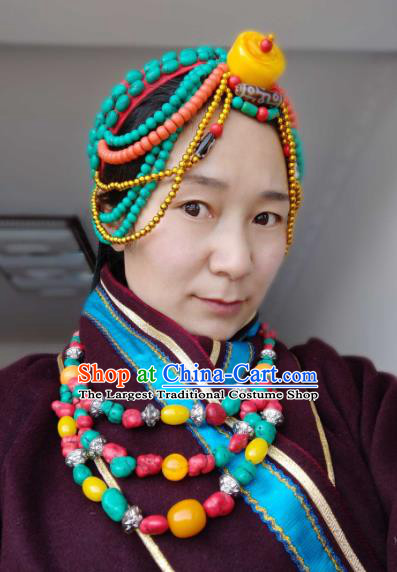 Handmade Chinese Zang Nationality Bride Headband Traditional Tibetan Ethnic Hair Accessories for Women