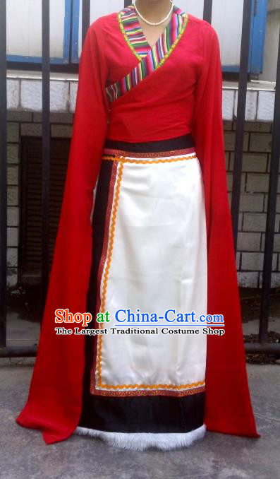 Chinese Zang Nationality Folk Dance Costume Traditional Tibetan Ethnic Dress for Women