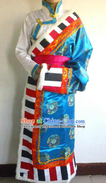 Chinese Zang Nationality Folk Dance Costume Blue Tibetan Robe Traditional Ethnic Dress for Women