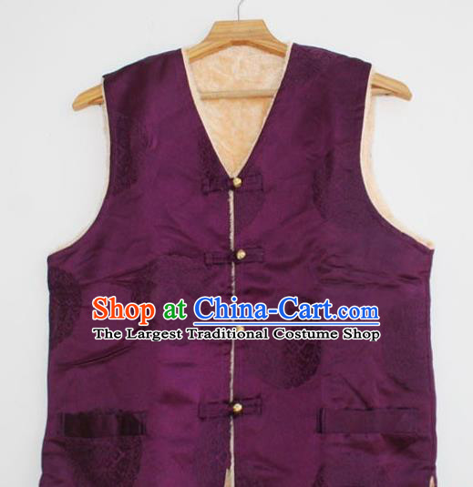 Chinese Tibetan Buddhism Purple Satin Woolen Vest Traditional Monk Waistcoat Upper Outer Garment for Men