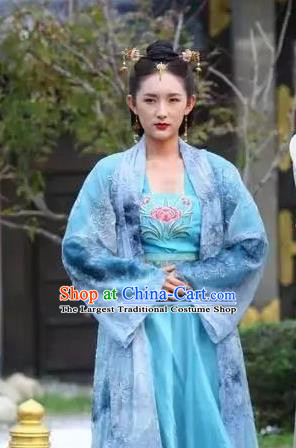 Chinese Ancient Noble Concubine Blue Hanfu Dress Drama Devastating Beauty Han Lu Costume and Headpiece for Women