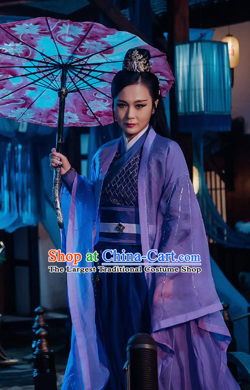 Chinese Ancient Female Castellan Swordsman Historical Television Bloody Romance Cha Wu Hanfu Dress and Headpiece for Women