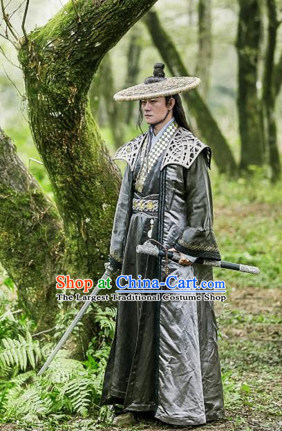 Chinese Ancient Swordsman Historical Television Bloody Romance Costume and Hat Complete Set for Men