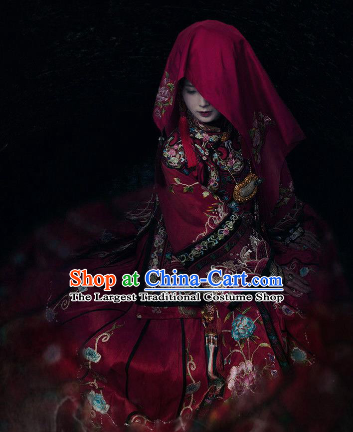 Chinese Ancient Wedding Costume Drama WuXin The Monster Killer Yue Qiluo Qing Dynasty Red Dress and Headpiece for Women