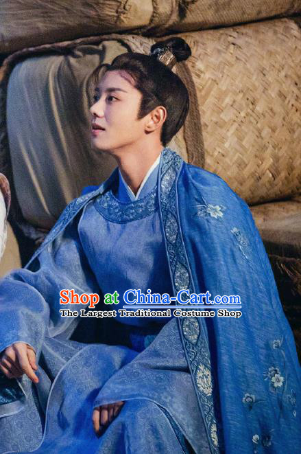 Chinese Ancient Tang Dynasty Gifted Scholar Sang Chen Blue Clothing Historical Drama Miss Truth Costume and Headpiece for Men