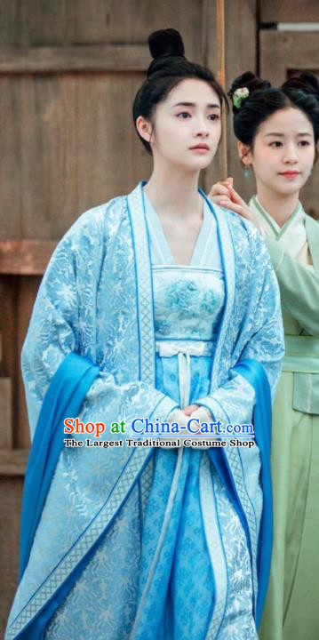 Drama Miss Truth Chinese Ancient Nobility Lady Ran Yan Blue Hanfu Dress Tang Dynasty Costume and Headpiece for Women