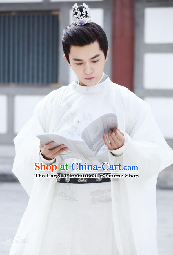 Chinese Ancient Prince Ren Sheng White Clothing Historical Drama Colourful Bone Costume and Headpiece for Men