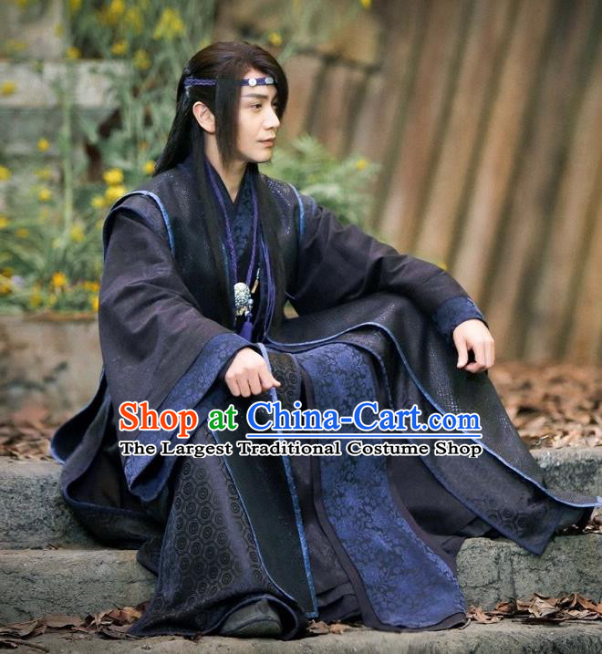 Chinese Ancient Swordsman Xie Yi Black Clothing Historical Drama Swords of Legends Costume and Headwear for Men