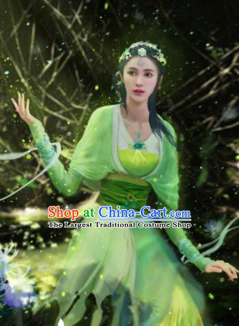 Chinese Historical Drama Swords of Legends Ancient Fairy A Ruan Green Costume and Headpiece for Women