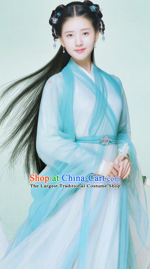 Chinese Historical Drama Love Better Than Immortality Ancient Female Swordsman Chun Hua Blue Costume and Headpiece for Women