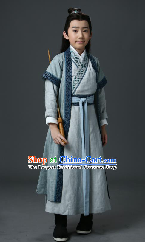 Listening Snow Tower Chinese Historical Drama Ancient Swordsman Qing Yu Costume and Headwear for Kids