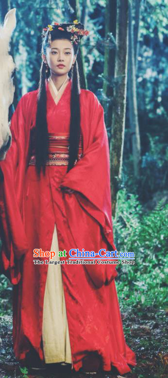 Chinese Ancient Qin Dynasty Imperial Consort Yu Ji Red Dress Historical Drama Hero Dream Costume and Headpiece for Women