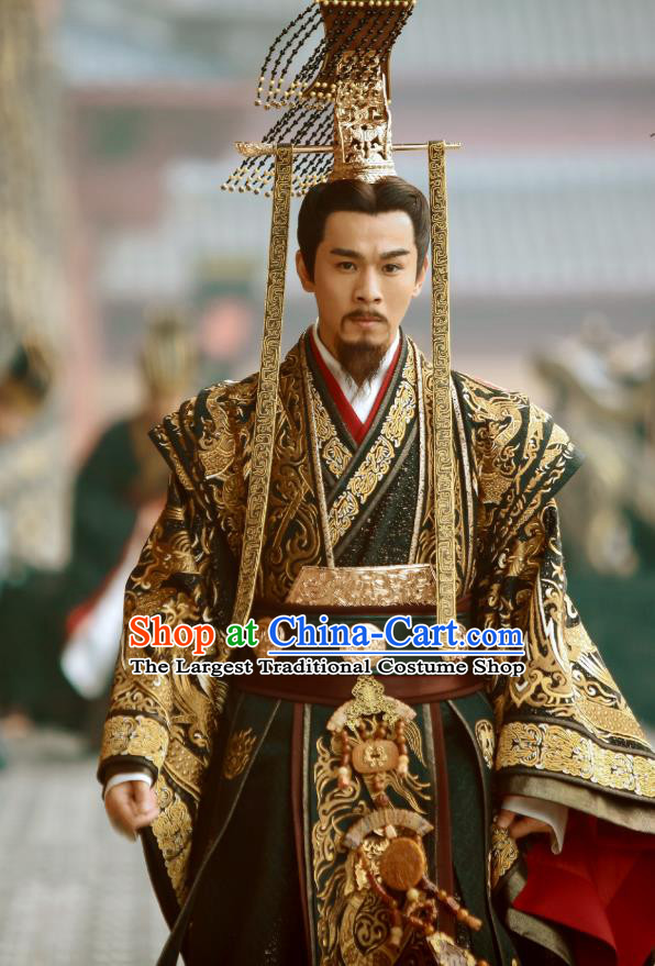 Drama Hero Dream Chinese Ancient Qin Dynasty First Emperor Ying Zheng Costume and Headpiece Complete Set