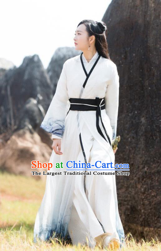 Chinese Ancient Swordsman Yu Wei White Dress Historical Drama The Legend of Jade Sword Wang Ou Costume and Headpiece for Women