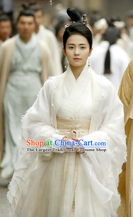 Chinese Ancient Zhou Dynasty White Hanfu Dress Historical Drama King Is Not Easy Princess Da Xi Costumes and Headpiece