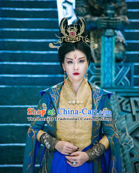 Chinese Ancient Queen Mother Dress Historical Drama The Taosim Crandmaster Empress Costumes and Hair Crown