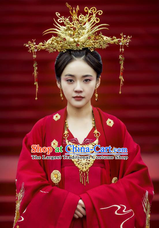 Chinese Ancient Princess Wedding Historical Costumes and Phoenix Coronet Drama Tang Dynasty Tour Li Anlan Red Hanfu Dress