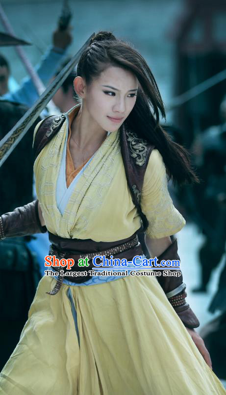 Chinese Ancient Demon Female Swordsman Costume Historical Drama The Taosim Crandmaster Yellow Dress and Headwear