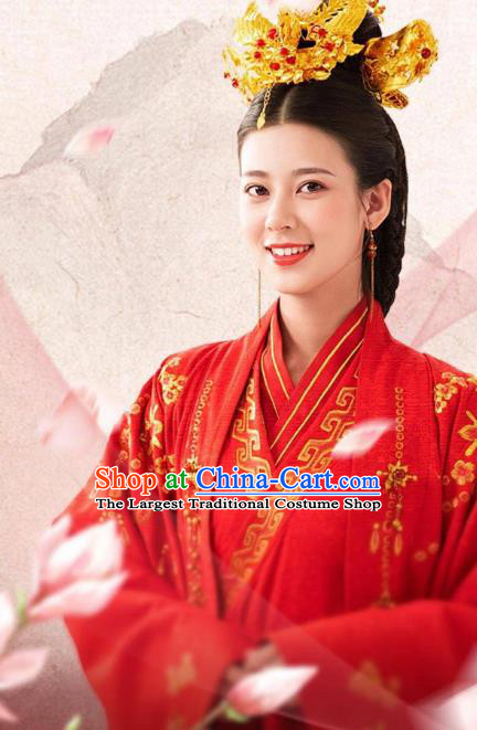 Chinese Ancient Wedding Historical Costumes Drama The Romance of Hua Rong Bride Red Hanfu Dress and Headwear