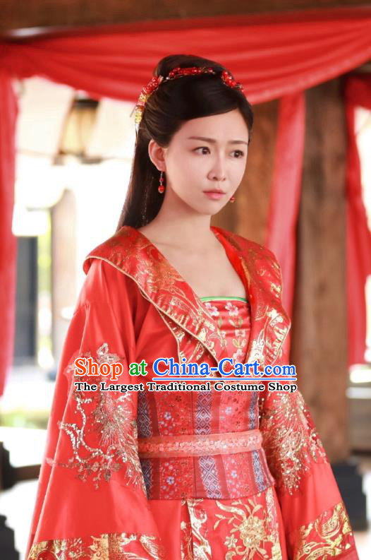 Chinese Ancient Princess Wedding Historical Costumes Drama Princess at Large Ji Xianyun Red Hanfu Dress and Hair Clasp