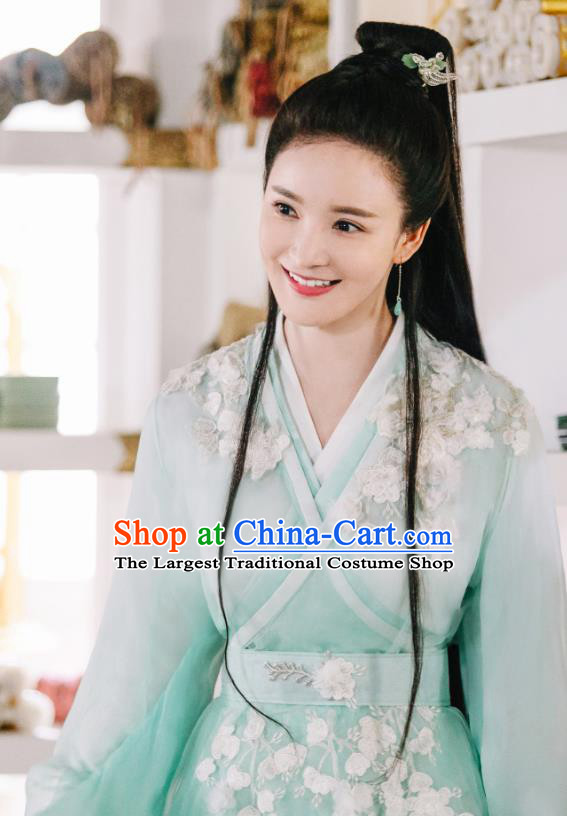 Chinese Ancient Demon Princess Drama Sansheng Sanshi Pillow Eternal Love of Dream Ji Heng Green Dress and Hairpin Complete Set