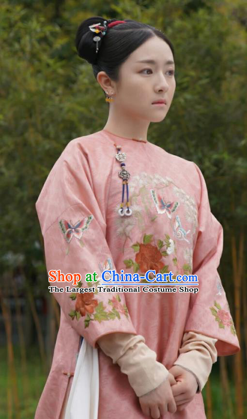 Chinese Ancient Garment Manchu Lady Pink Qipao Dress and Headwear Drama Dreaming Back to the Qing Dynasty Court Maid Ming Wei Apparels Costumes