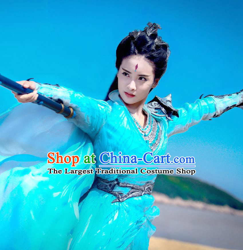 Chinese Wuxia Drama Ancient Princess Blue Garment and Hair Accessories The King of Blaze Apparels Female Swordsman Li Ying Apparels Costumes