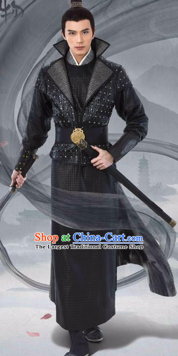 Chinese Ancient Black Garment Costumes and Headpiece Drama I am A Pet At Dali Temple Swordsman Qing Moyan Hanfu Apparels