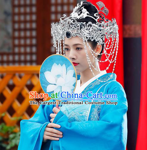 Chinese Ancient Bride Apparels Costumes and Headdress Drama The Starry Night The Starry Sea Noble Lady Lu Li Blue Dress Garment