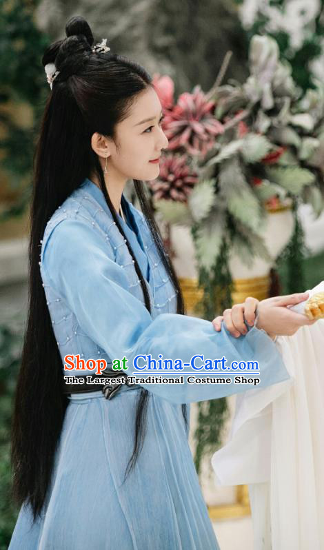 Chinese Ancient Goddess Blue Garment Drama Eternal Love of Dream Female Immortal Cheng Yu Dress and Headpieces Complete Set