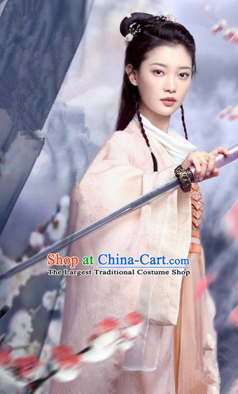 Chinese Ancient Swordswoman Pink Costumes Garment and Headwear Drama And The Winner Is Love Female Knight Lin Fengzi Dress Apparels