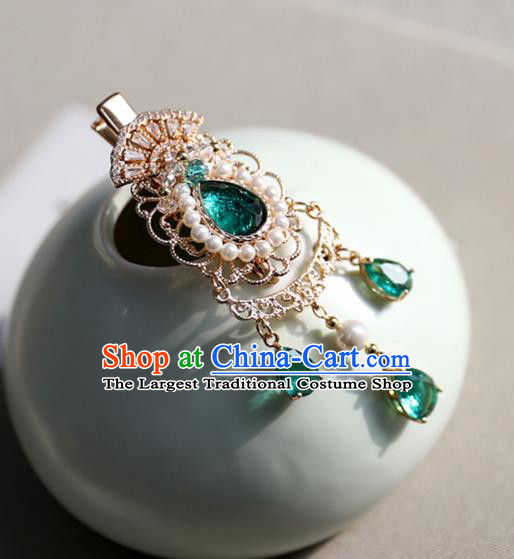 Chinese Ancient Green Crystal Hair Claws Jewelry Headwear Hair Accessories Tassel Pearls Hair Stick for Women