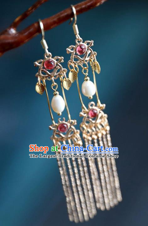 Chinese Ancient Hanfu Garnet Earrings Women Jewelry Ming Dynasty Golden Tassel Ear Accessories