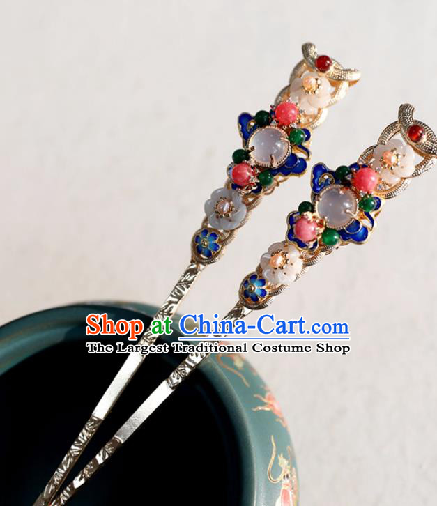 Chinese Ancient Gems Hairpins Jewelry Headwear Hair Accessories Ming Dynasty Women Cloisonne Hair Clips