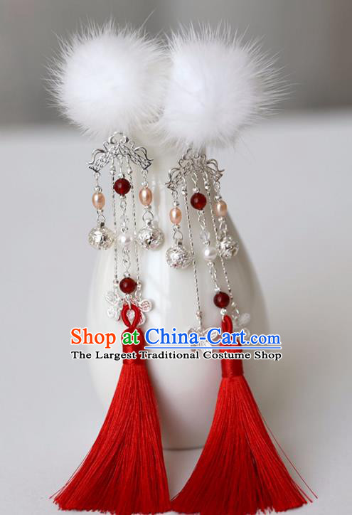 Chinese Ancient Hanfu White Venonat Pearls Hair Claws Hairpin Women Hair Accessories Red Tassel Hair Stick Headwear