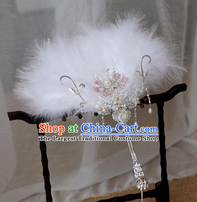 Chinese Ancient Feather Fan Women Accessories Pearls Tassel Fan