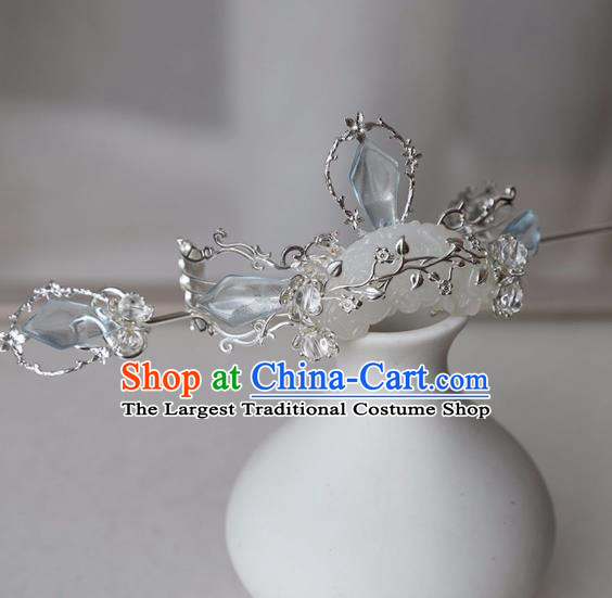 Chinese Ancient Hanfu Blue Crystal Hair Crown Women Headwear Hairpin Jade Hair Accessories