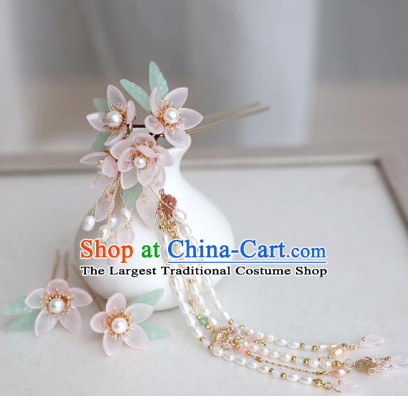 Chinese Ancient Women Pink Flowers Hair Clip Headwear Pearls Tassel Hairpin Hanfu Hair Accessories