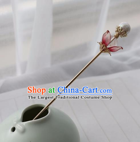 Chinese Ancient Women Red Flower Hair Clip Headwear Hanfu Hair Accessories Hairpin