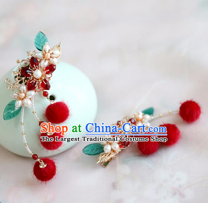 Chinese Ancient Red Venonat Hair Claws Headwear Women Hair Accessories Ming Dynasty Pearls Hair Stick